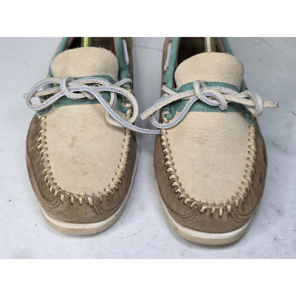 GH Bass Men's Boat Shoes Size 8.5 Brown Teal‎ Beige Suede Slip On Arch Loafers